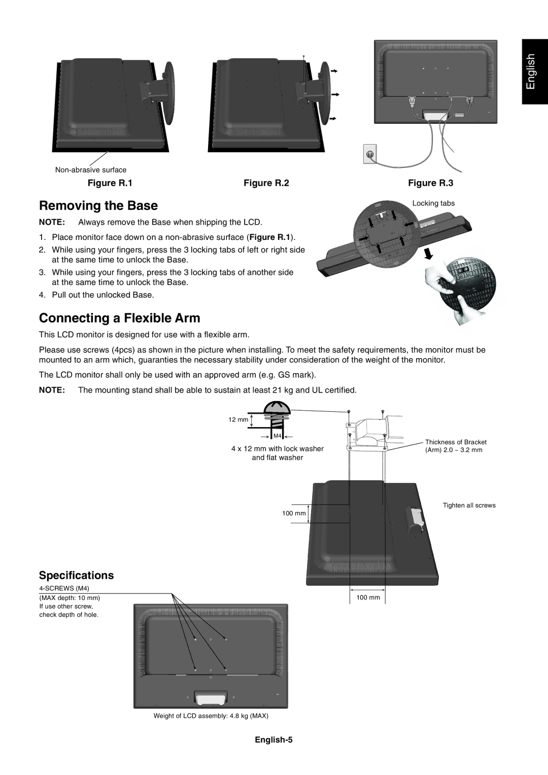 NEC LCD224WM user manual Removing the Base, Connecting a Flexible Arm, English-5 