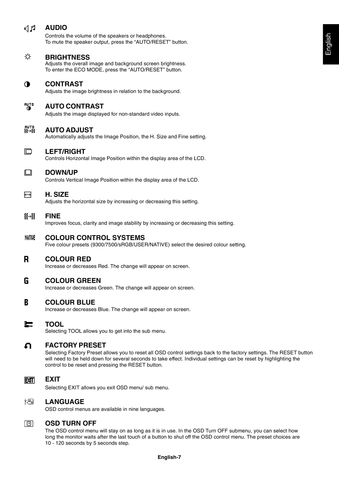 NEC LCD224WM user manual Audio, English-7 