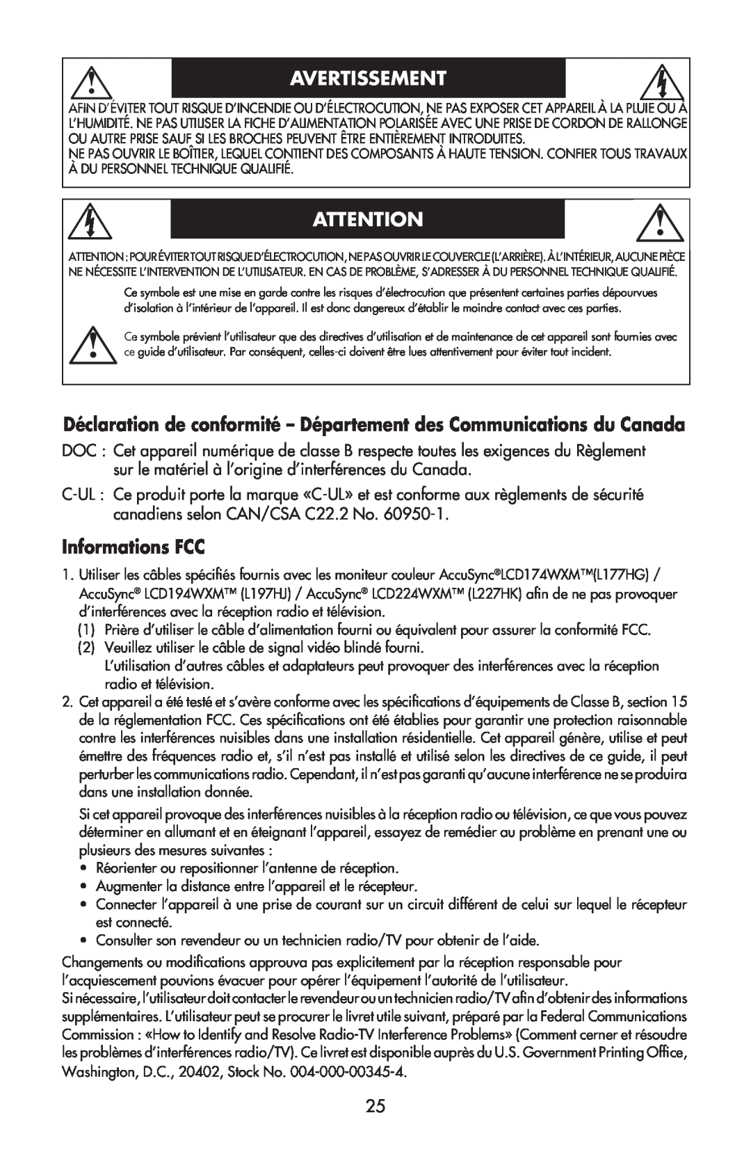 NEC LCD194WXM Avertissement, Déclaration de conformité - Département des Communications du Canada, Informations FCC 