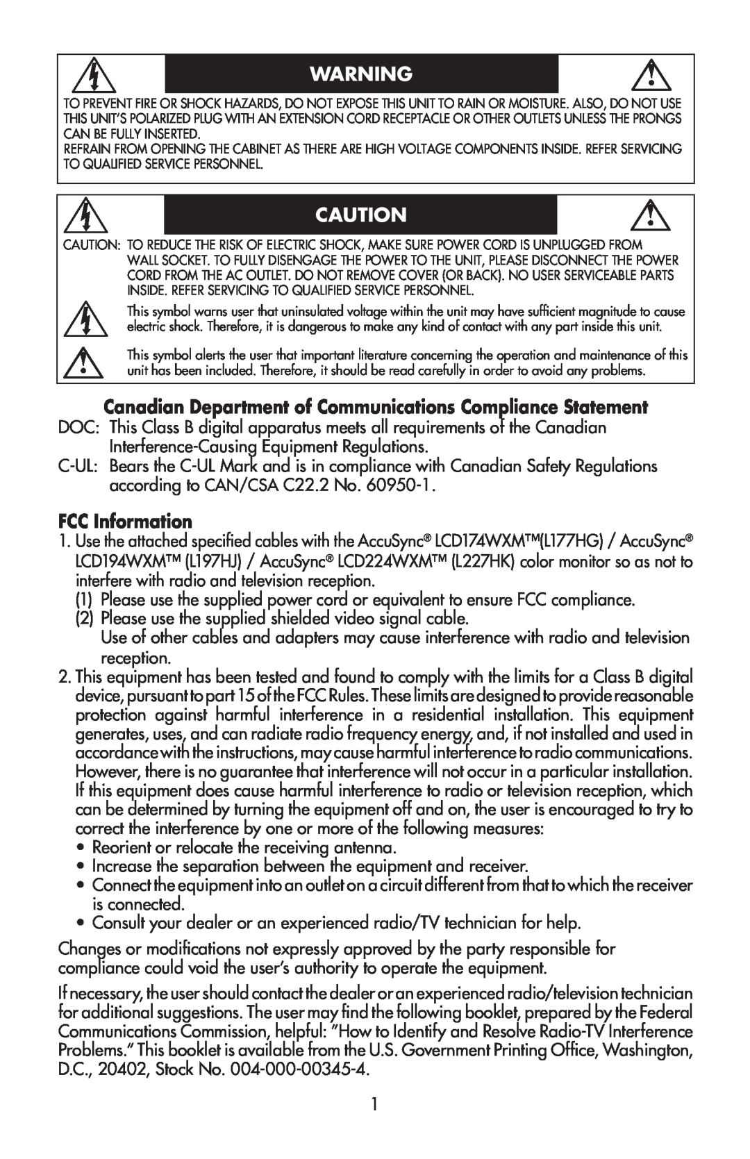 NEC LCD224WXM, LCD174WXM, LCD194WXM user manual Canadian Department of Communications Compliance Statement, FCC Information 