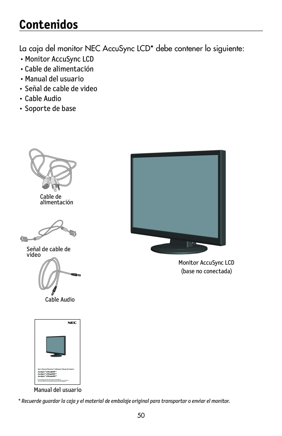 NEC LCD224WXM, LCD174WXM Contenidos, La caja del monitor NEC AccuSync LCD* debe contener lo siguiente, Cable Audio 