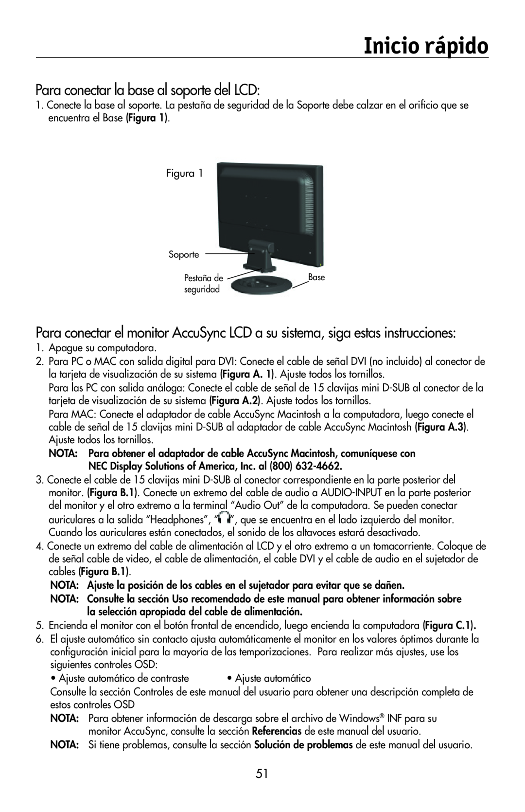 NEC LCD174WXM, LCD224WXM, LCD194WXM user manual Inicio rápido, Para conectar la base al soporte del LCD 