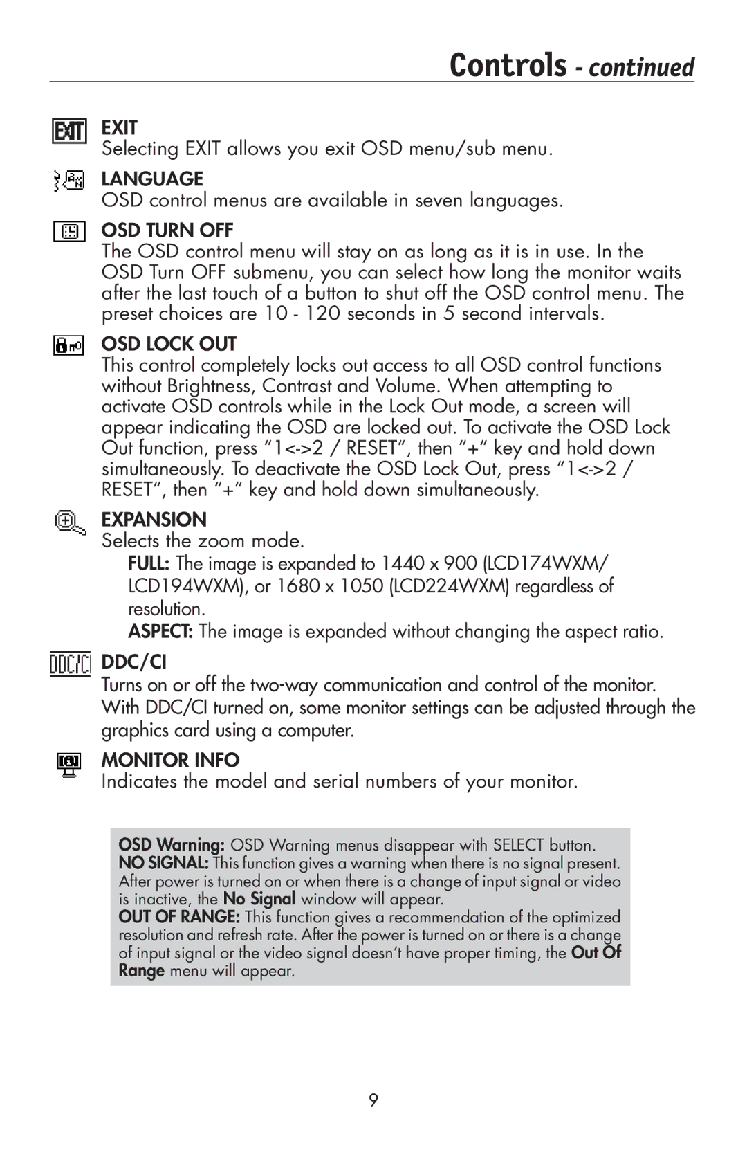 NEC LCD194WXM Selecting Exit allows you exit OSD menu/sub menu, OSD control menus are available in seven languages 