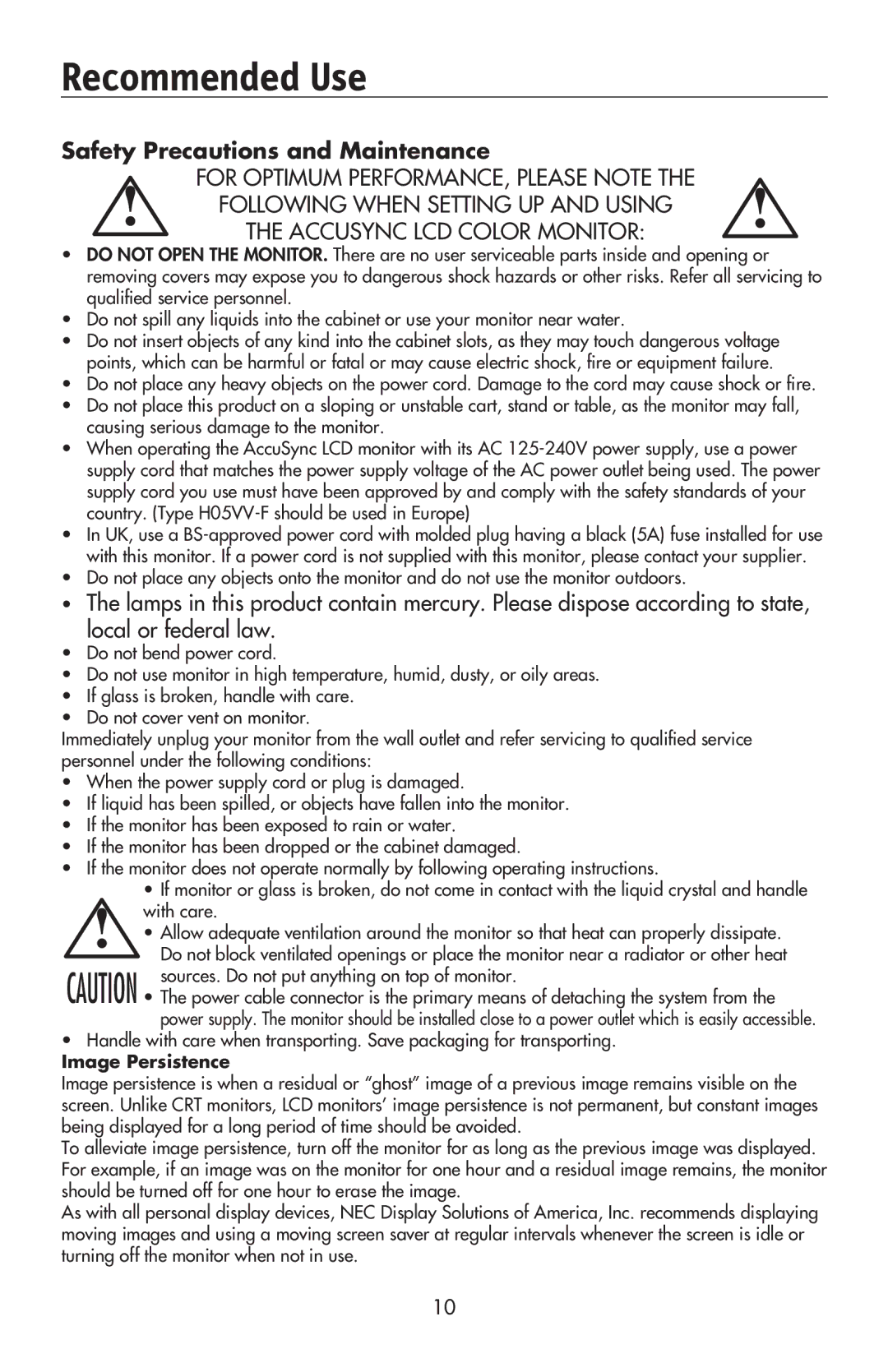 NEC LCD224WXM, LCD174WXM, LCD194WXM user manual Recommended Use, Safety Precautions and Maintenance 