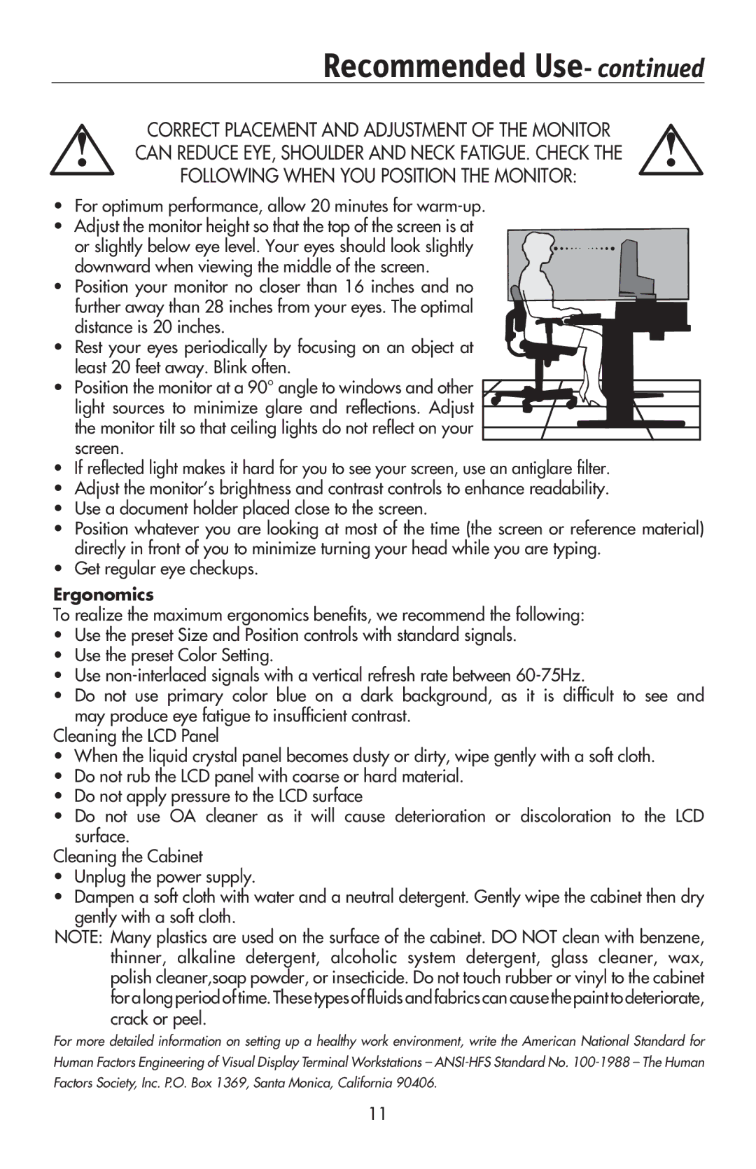 NEC LCD174WXM, LCD224WXM, LCD194WXM user manual For optimum performance, allow 20 minutes for warm-up, Ergonomics 