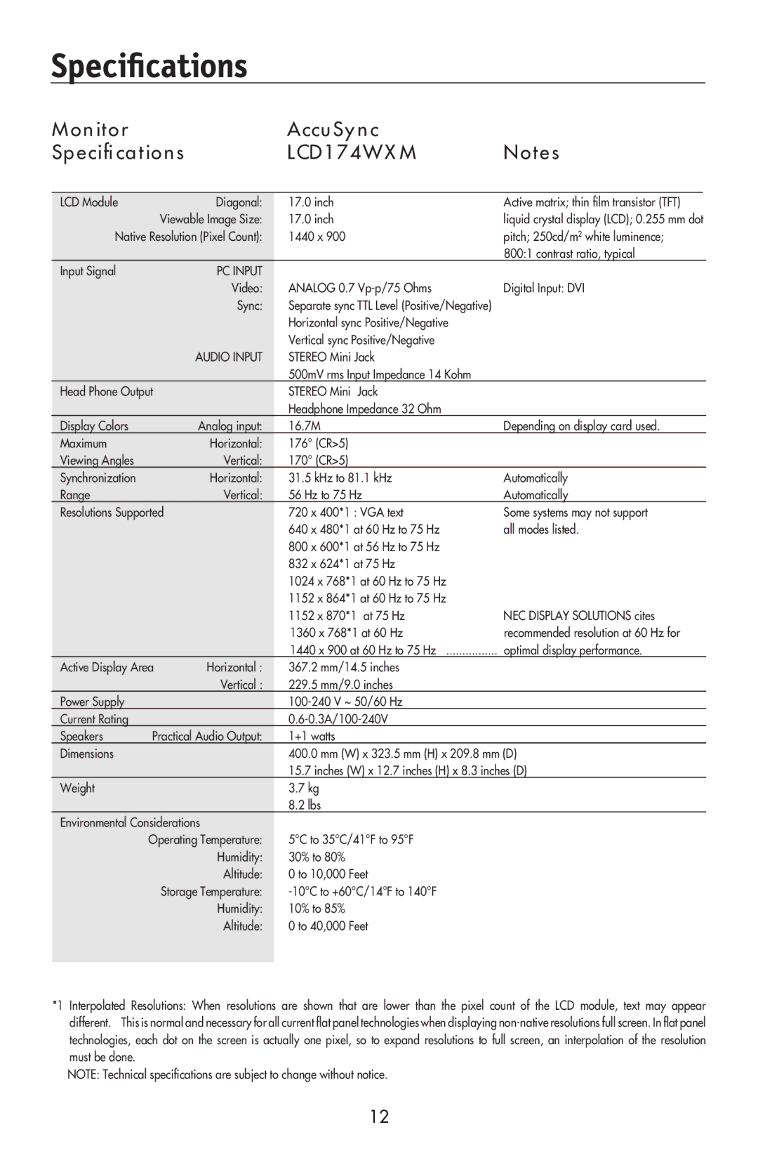 NEC LCD194WXM, LCD224WXM, LCD174WXM user manual Monitor AccuSync Speciﬁcations 