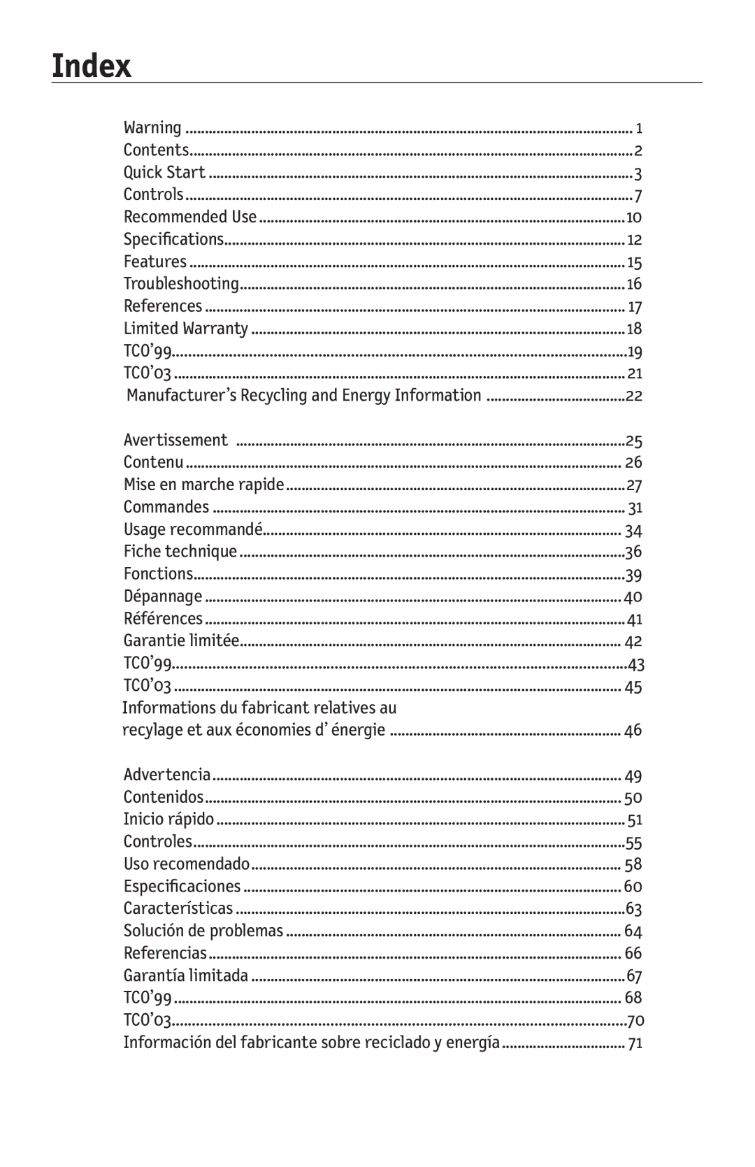 NEC LCD194WXM, LCD224WXM, LCD174WXM user manual Index, Manufacturer’s Recycling and Energy Information 