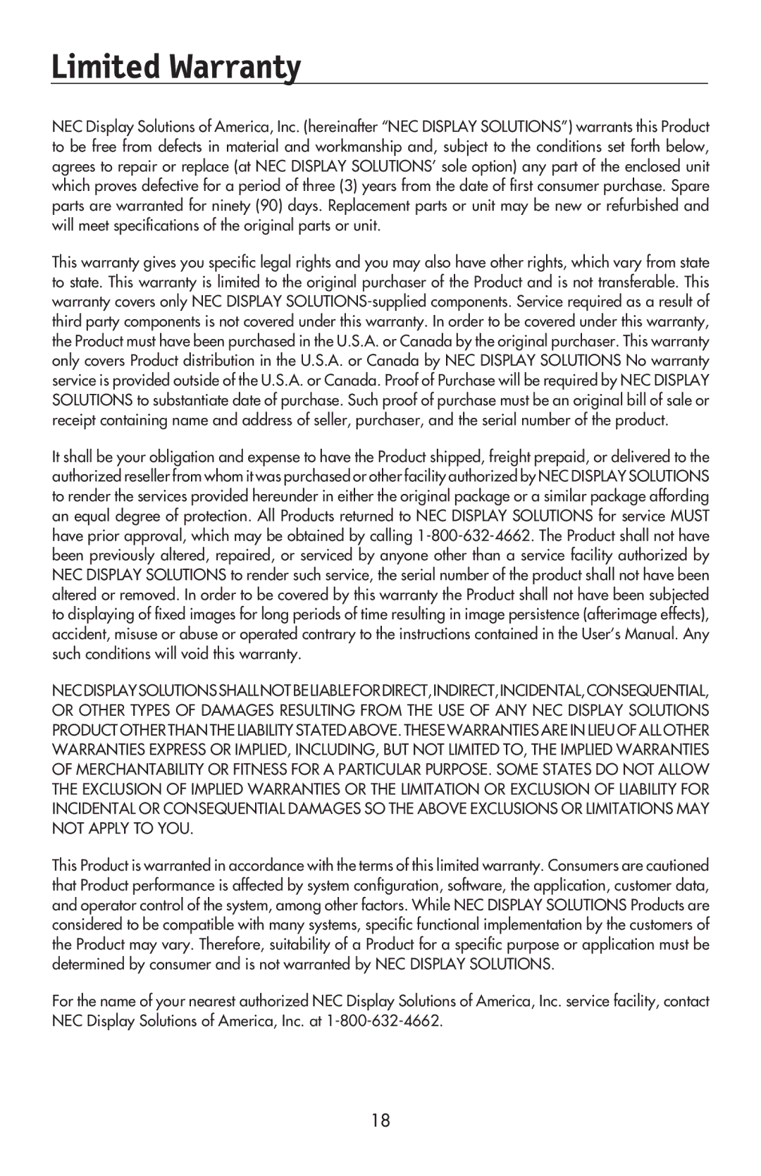 NEC LCD194WXM, LCD224WXM, LCD174WXM user manual Limited Warranty 