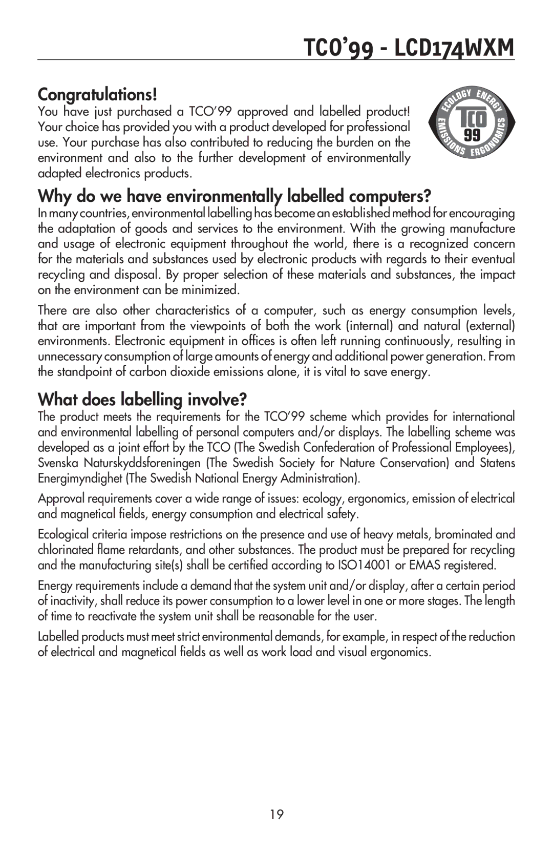 NEC LCD224WXM, LCD174WXM Congratulations, Why do we have environmentally labelled computers?, What does labelling involve? 