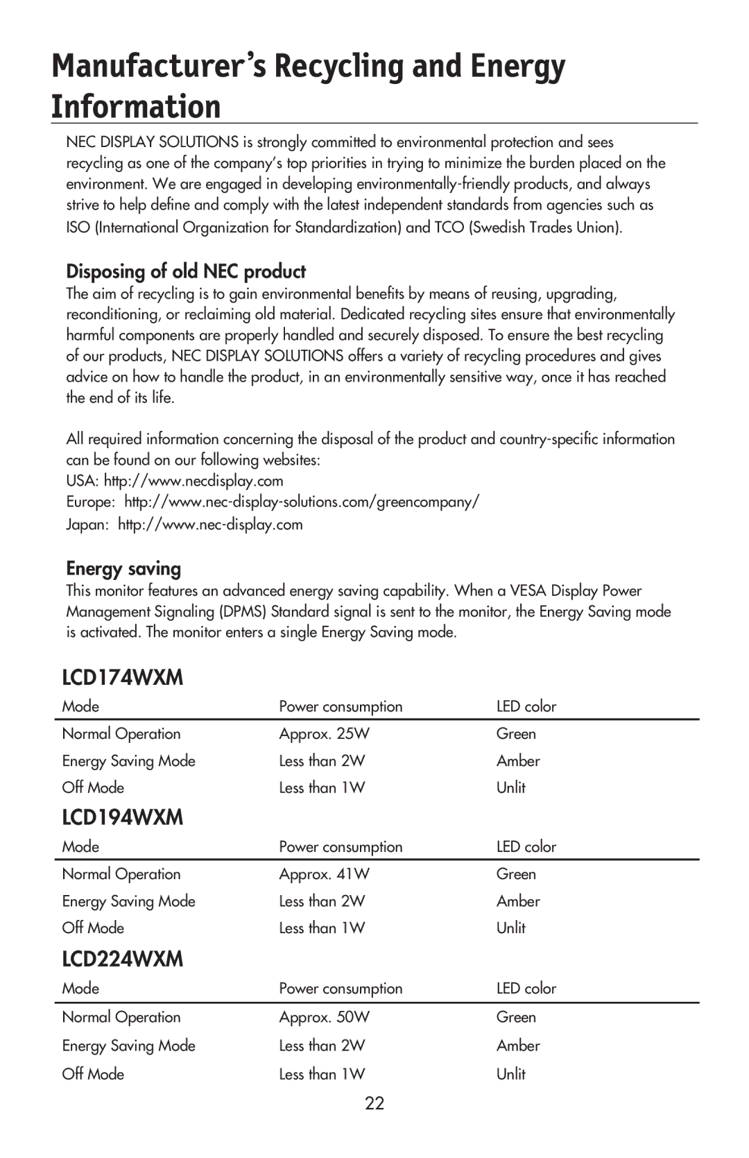 NEC LCD224WXM, LCD174WXM Manufacturer’s Recycling and Energy Information, Disposing of old NEC product, Energy saving 