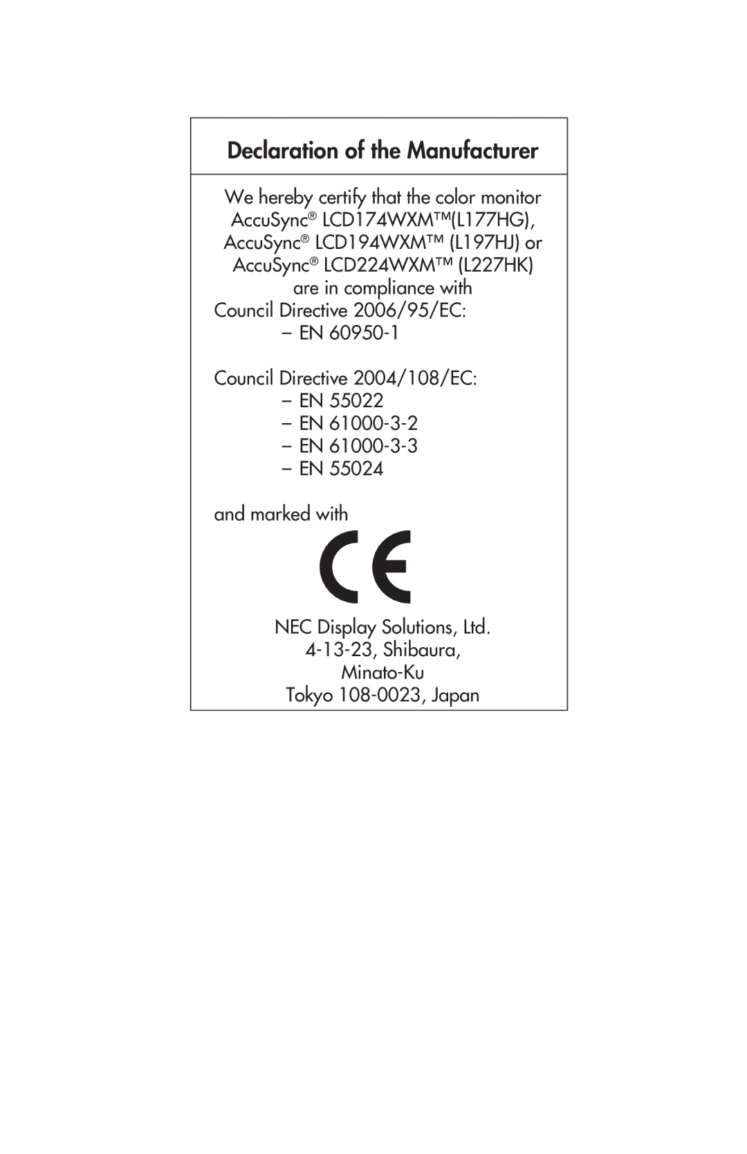 NEC LCD174WXM, LCD224WXM, LCD194WXM user manual Declaration of the Manufacturer 