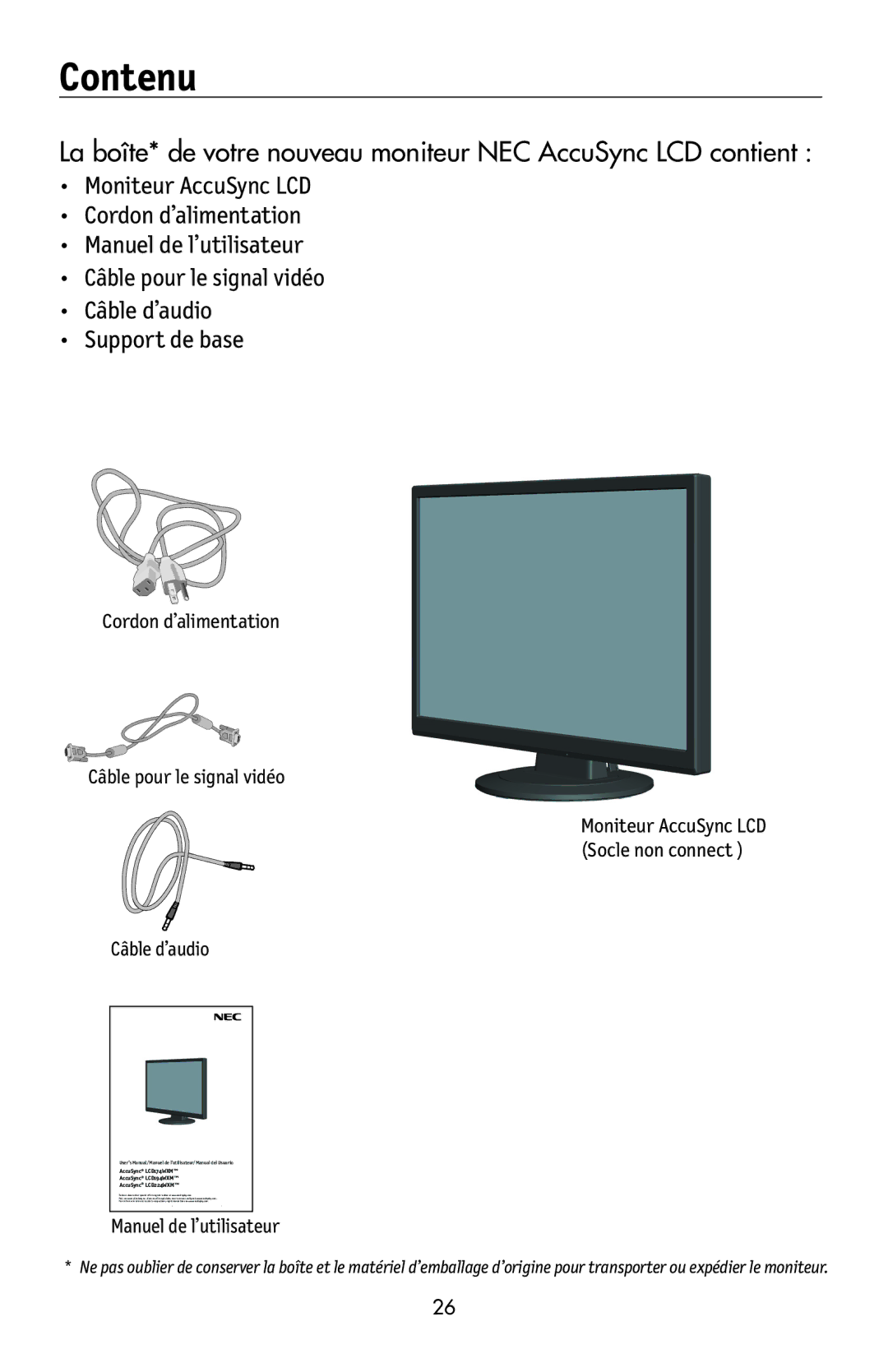 NEC LCD224WXM, LCD174WXM, LCD194WXM user manual Contenu, Câble d’audio 