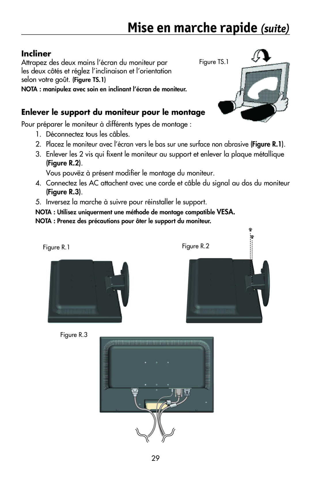 NEC LCD224WXM Incliner, Enlever le support du moniteur pour le montage, Attrapez des deux mains l’écran du moniteur par 