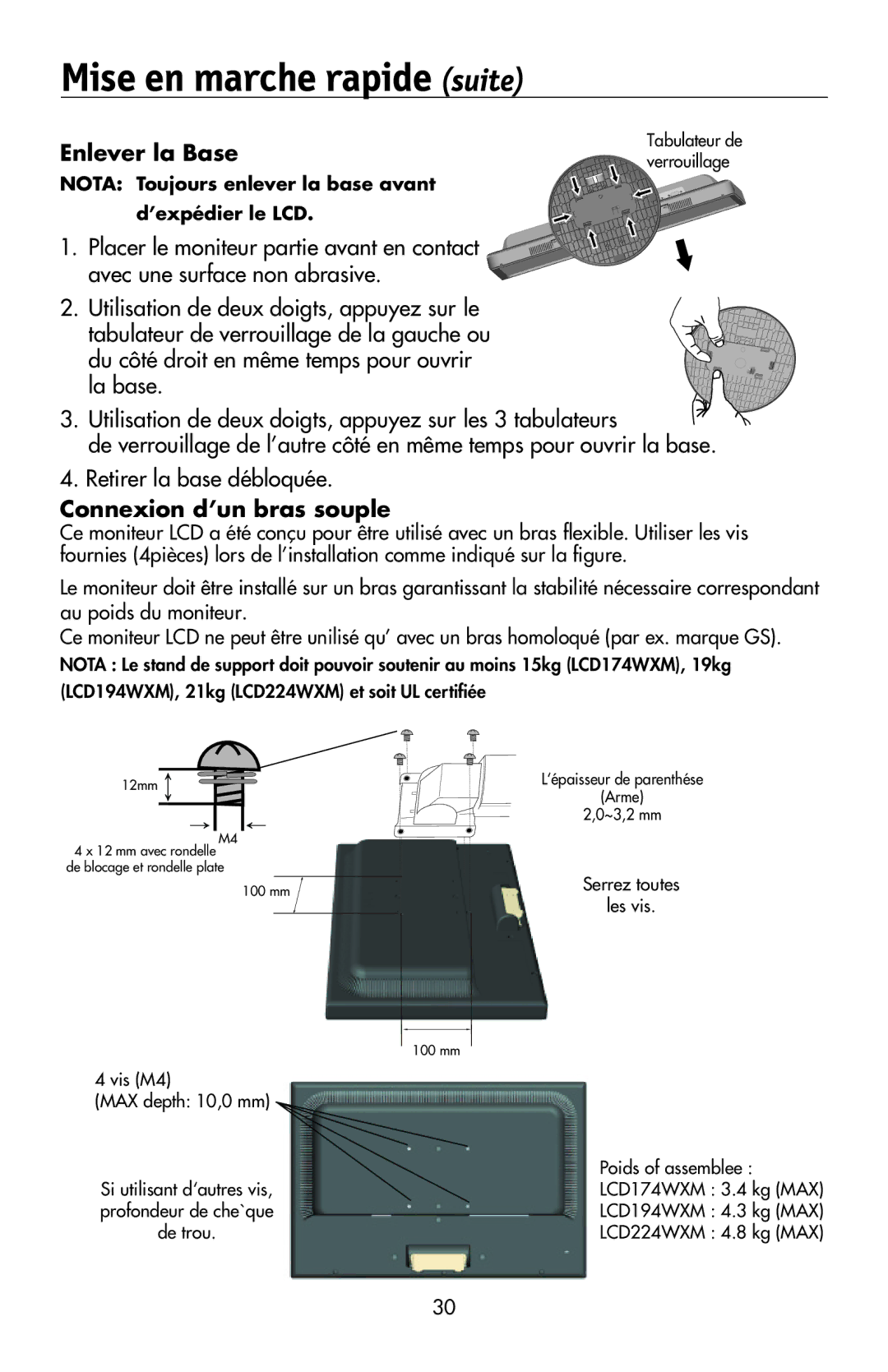 NEC LCD174WXM, LCD224WXM, LCD194WXM user manual Enlever la Base, Connexion d’un bras souple 