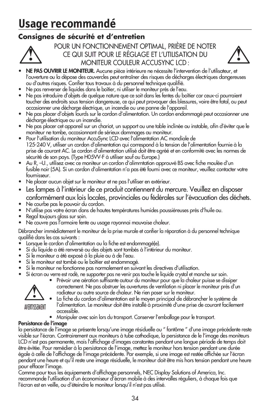 NEC LCD194WXM, LCD224WXM, LCD174WXM user manual Usage recommandé, Consignes de sécurité et d’entretien 