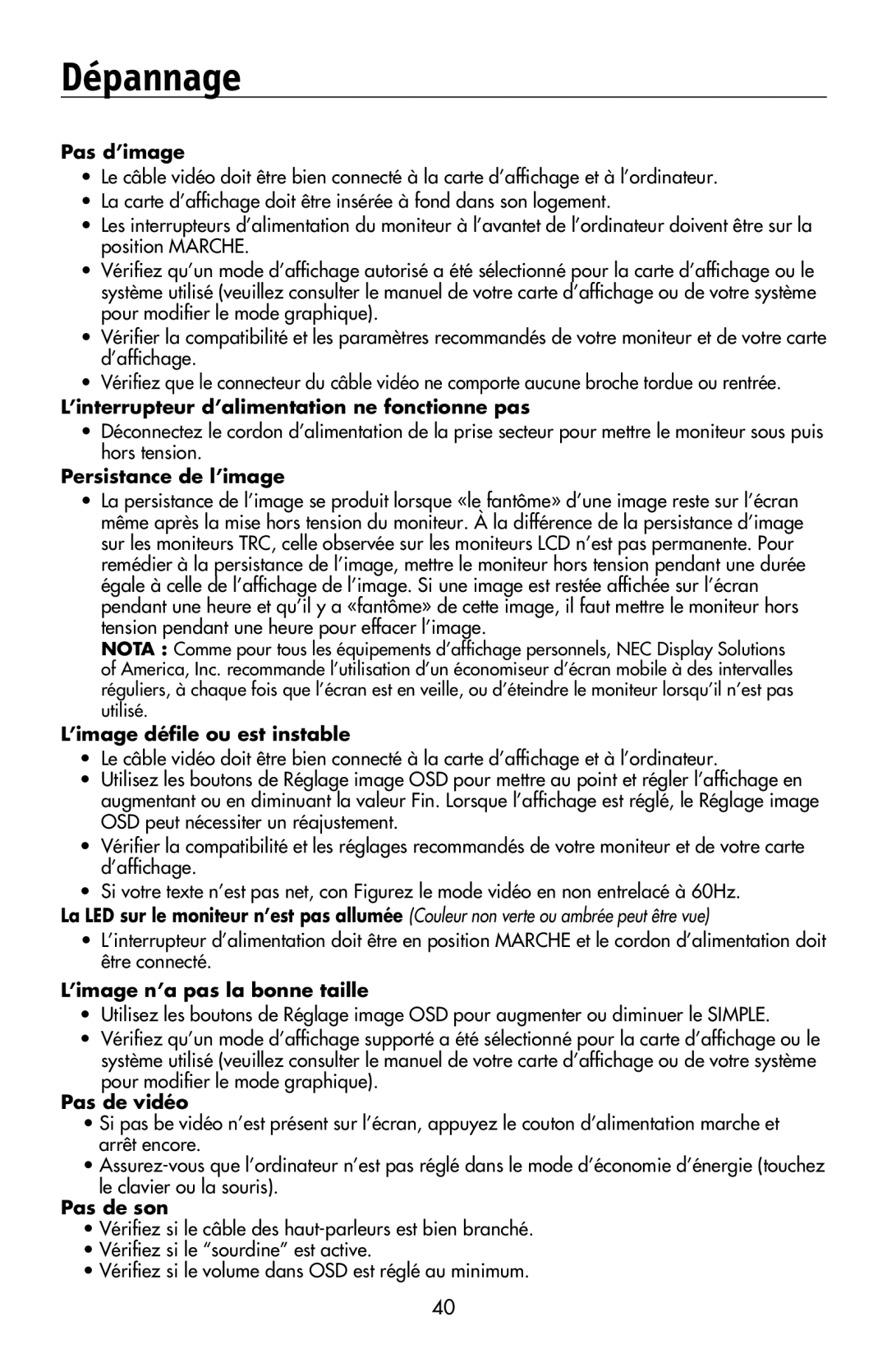 NEC LCD194WXM, LCD224WXM, LCD174WXM user manual Dépannage, Pas d’image 