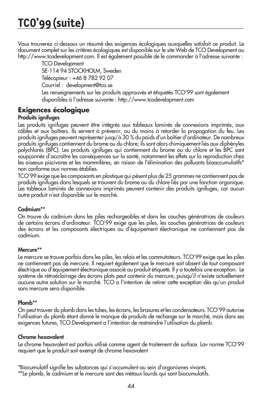 NEC LCD224WXM, LCD174WXM, LCD194WXM user manual TCO’99suite, Exigences écologique 