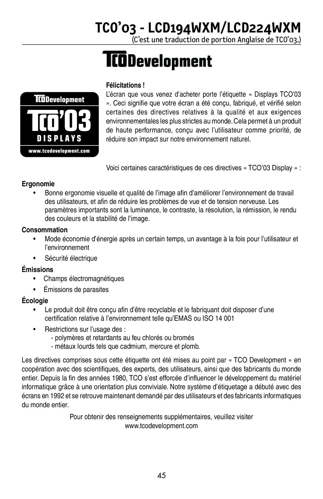 NEC LCD174WXM, LCD224WXM, LCD194WXM user manual ’est une traduction de portion Anglaise de TCO’03 