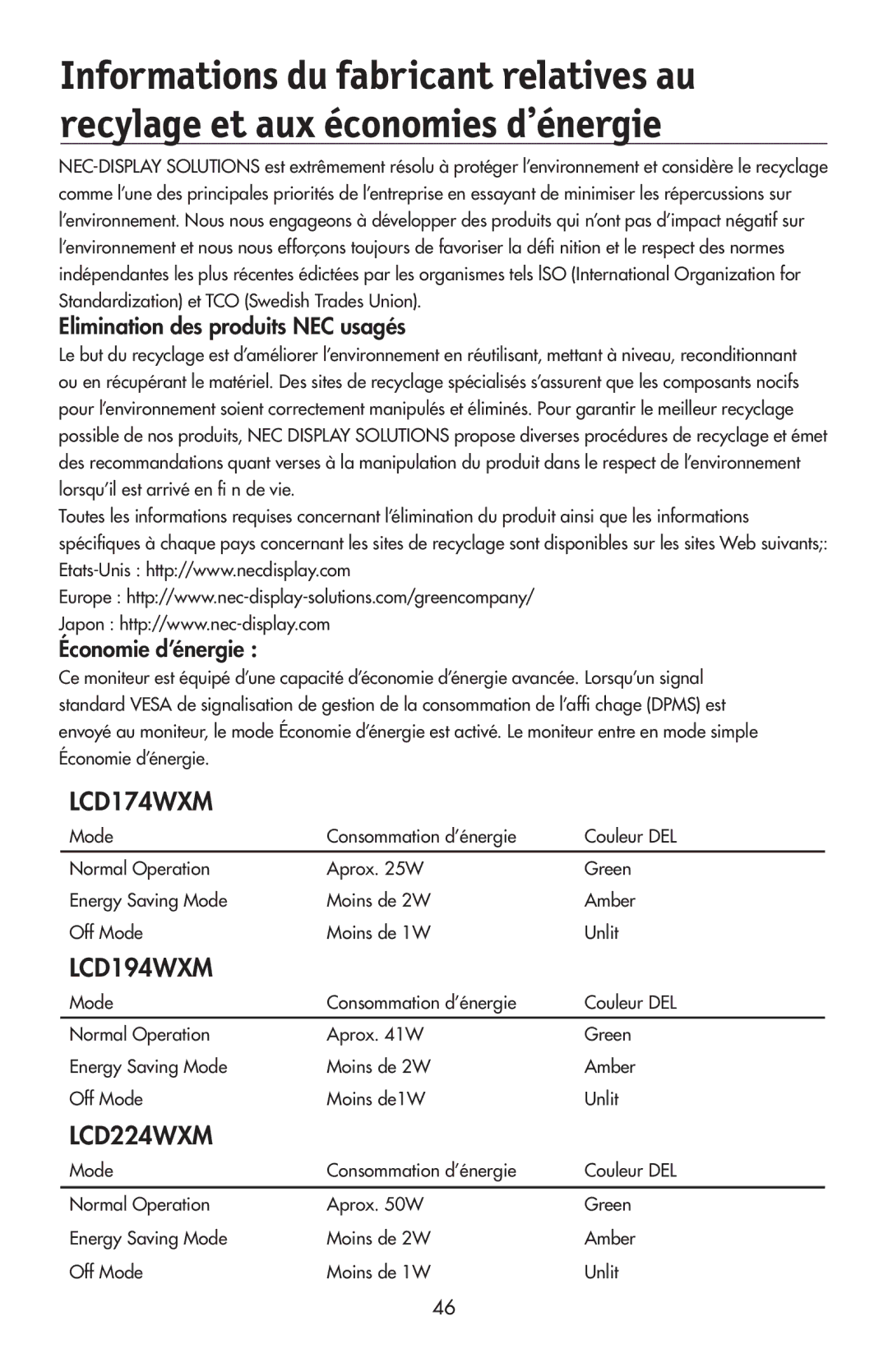 NEC LCD194WXM, LCD224WXM, LCD174WXM user manual Elimination des produits NEC usagés, Économie d’énergie 