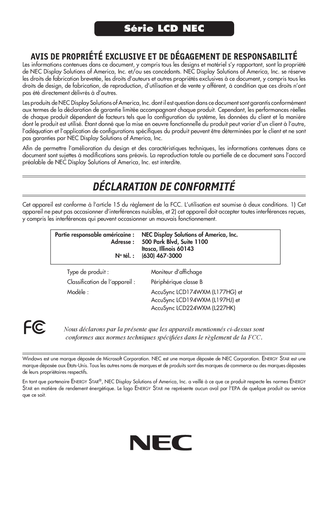 NEC LCD174WXM, LCD224WXM, LCD194WXM user manual Déclaration DE Conformité 