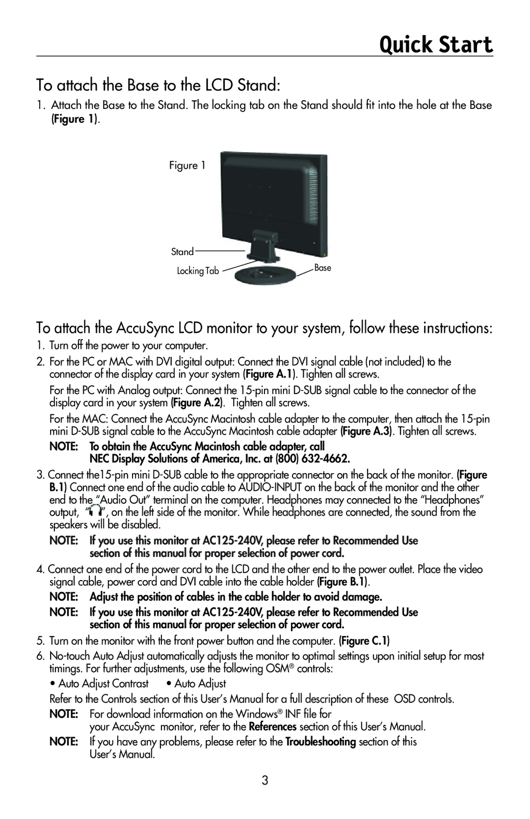 NEC LCD194WXM, LCD224WXM, LCD174WXM user manual Quick Start, To attach the Base to the LCD Stand 