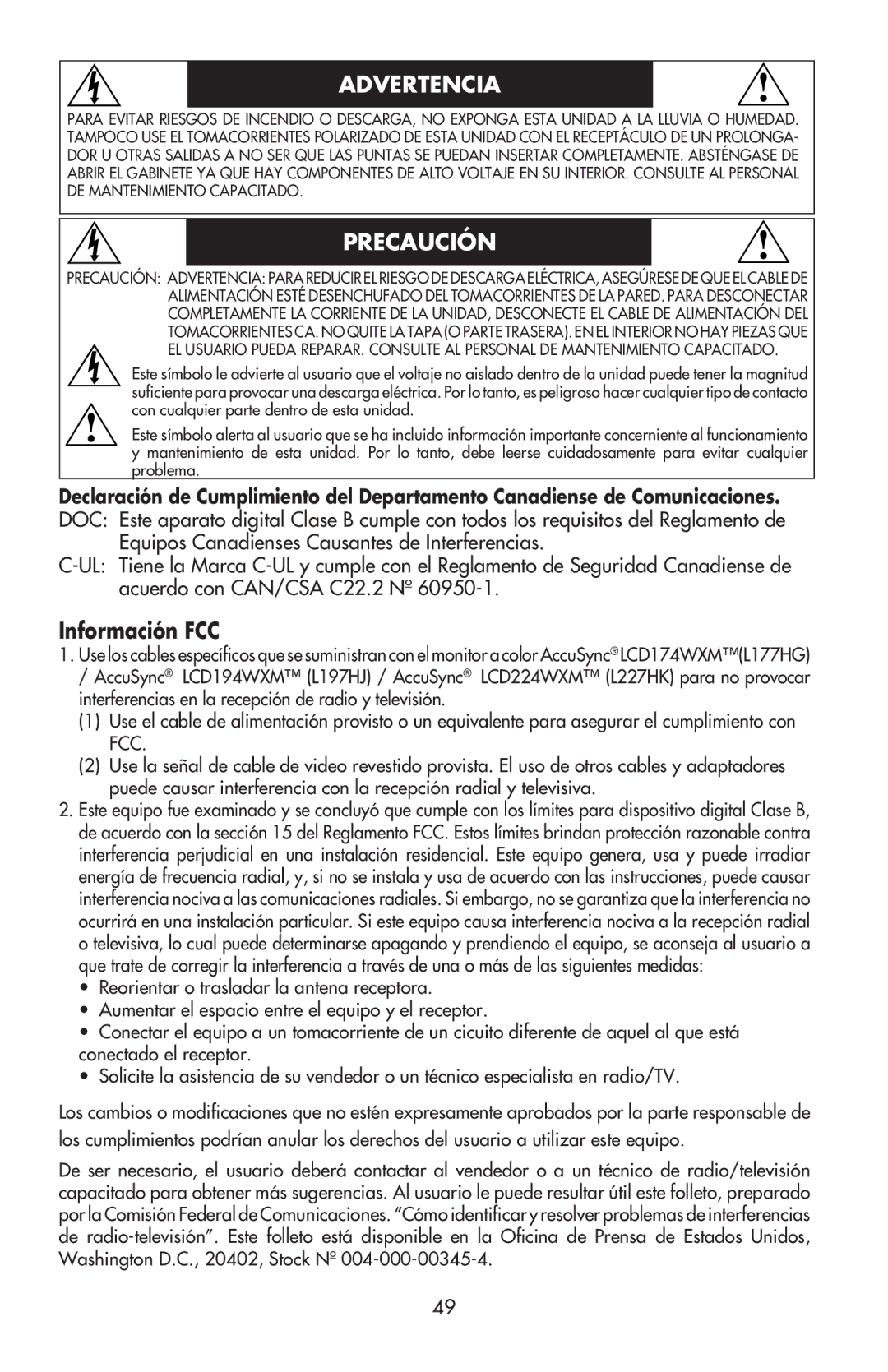 NEC LCD194WXM, LCD224WXM, LCD174WXM user manual Advertencia, Información FCC 