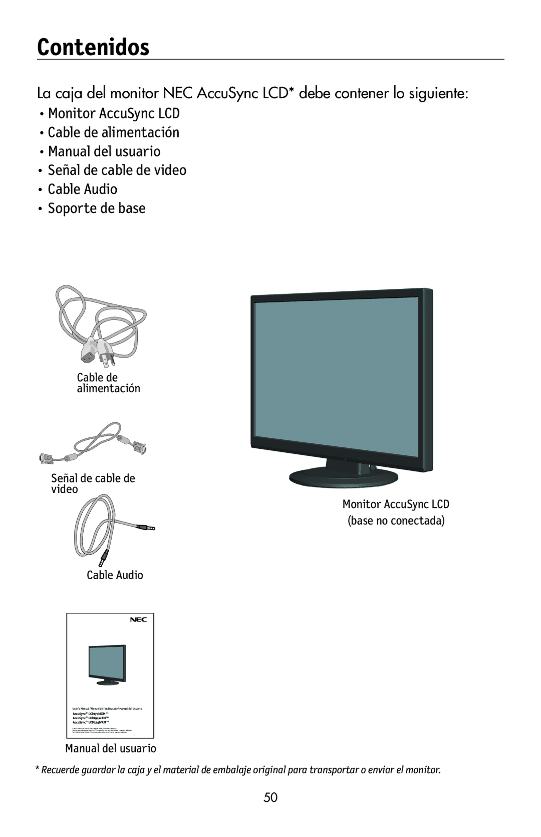 NEC LCD224WXM, LCD174WXM, LCD194WXM user manual Contenidos, Cable Audio 