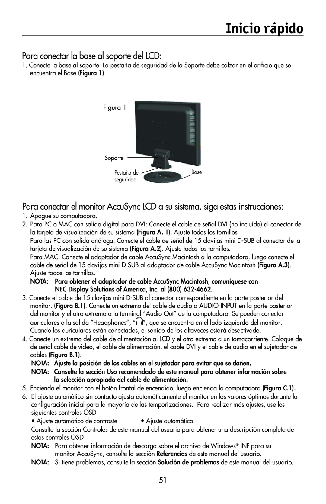 NEC LCD174WXM, LCD224WXM, LCD194WXM user manual Inicio rápido, Para conectar la base al soporte del LCD 