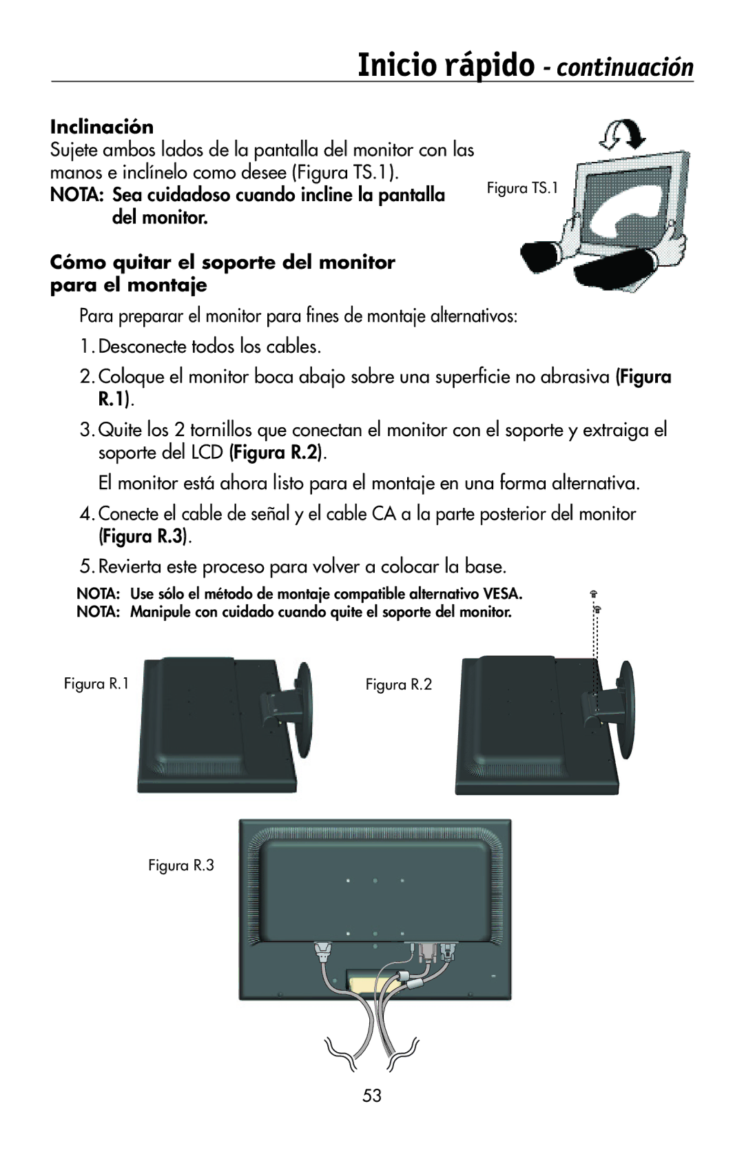 NEC LCD224WXM, LCD174WXM, LCD194WXM user manual Inclinación, Cómo quitar el soporte del monitor para el montaje 