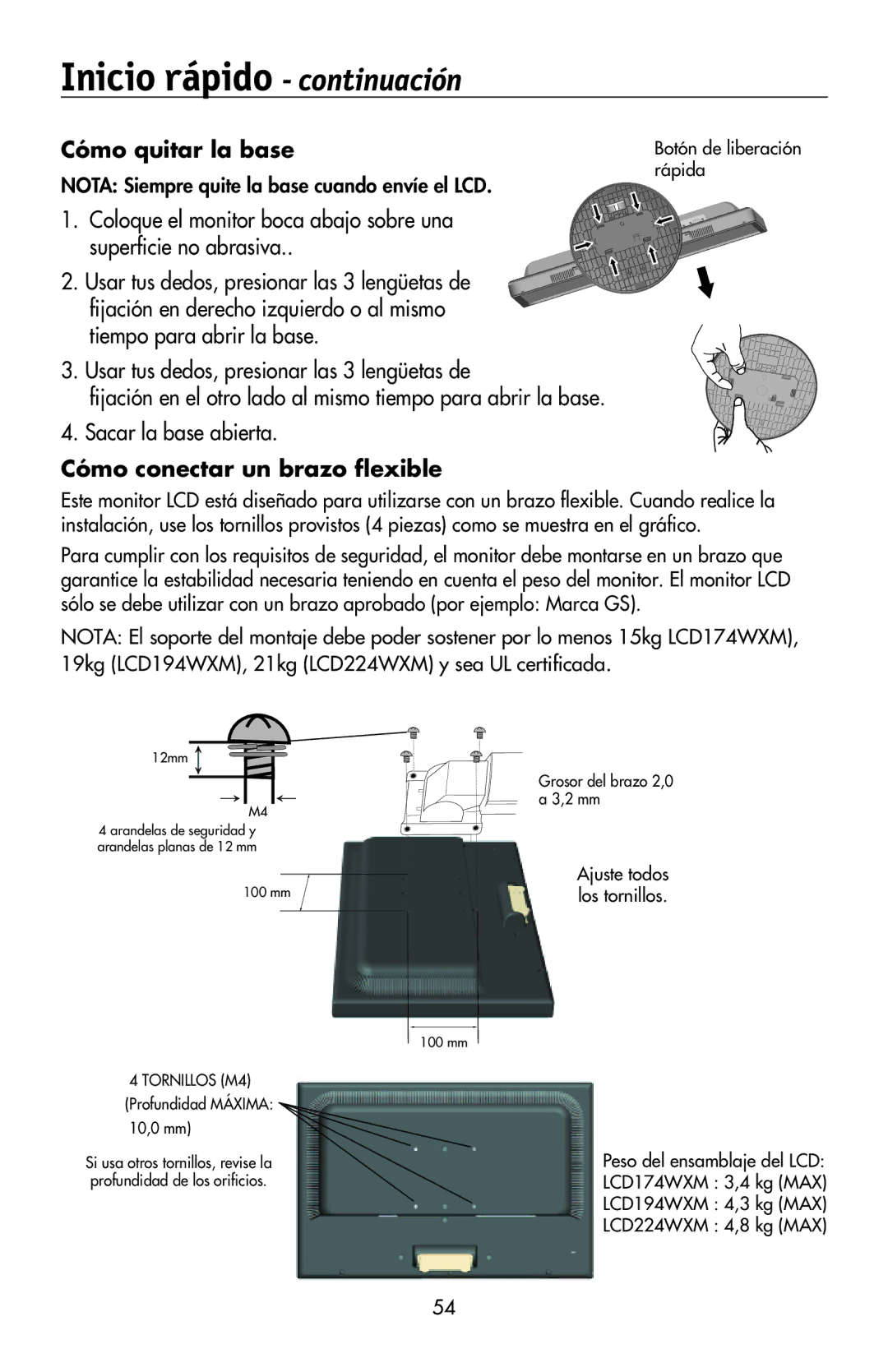 NEC LCD174WXM, LCD224WXM, LCD194WXM user manual Cómo quitar la base, Cómo conectar un brazo ﬂexible 