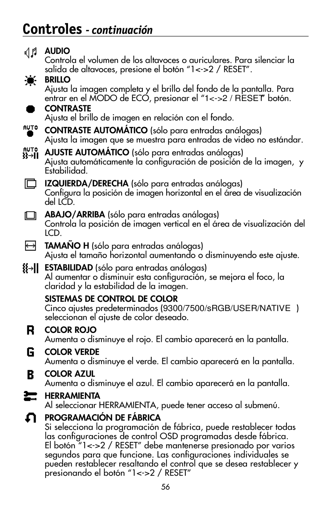 NEC LCD224WXM, LCD174WXM, LCD194WXM Controles continuación, Al seleccionar HERRAMIENTA, puede tener acceso al submenú 