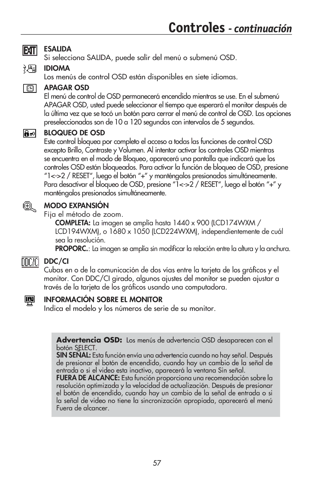 NEC LCD174WXM, LCD224WXM, LCD194WXM user manual Si selecciona SALIDA, puede salir del menú o submenú OSD 