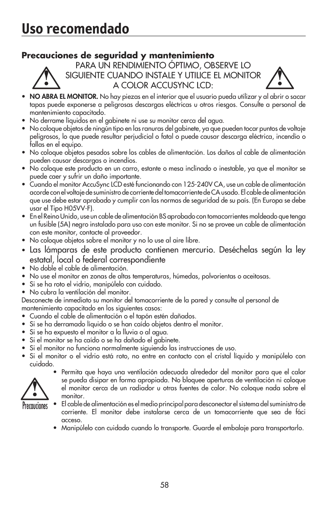 NEC LCD194WXM, LCD224WXM, LCD174WXM user manual Uso recomendado, Precauciones de seguridad y mantenimiento 