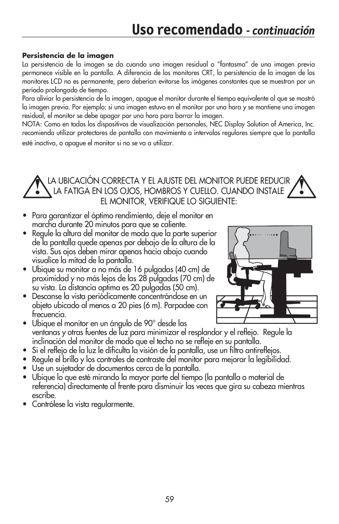 NEC LCD224WXM, LCD174WXM, LCD194WXM user manual Uso recomendado continuación, Persistencia de la imagen 