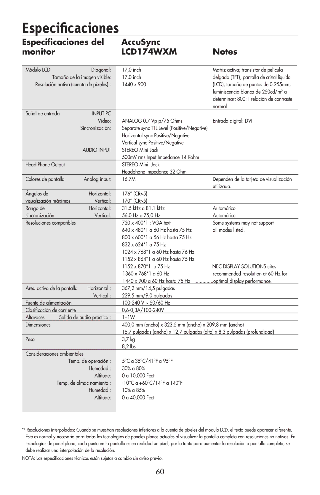 NEC LCD174WXM, LCD224WXM, LCD194WXM user manual Especiﬁcaciones del AccuSync Monitor 