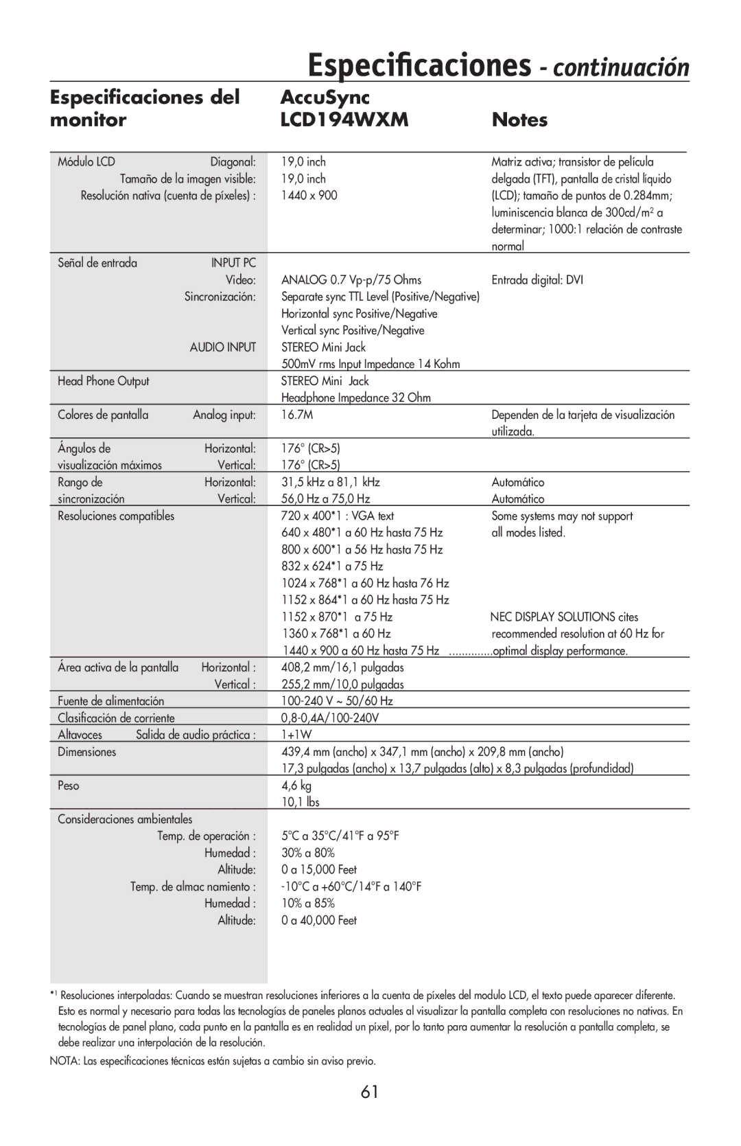 NEC LCD194WXM, LCD224WXM, LCD174WXM user manual Especiﬁcaciones continuación 