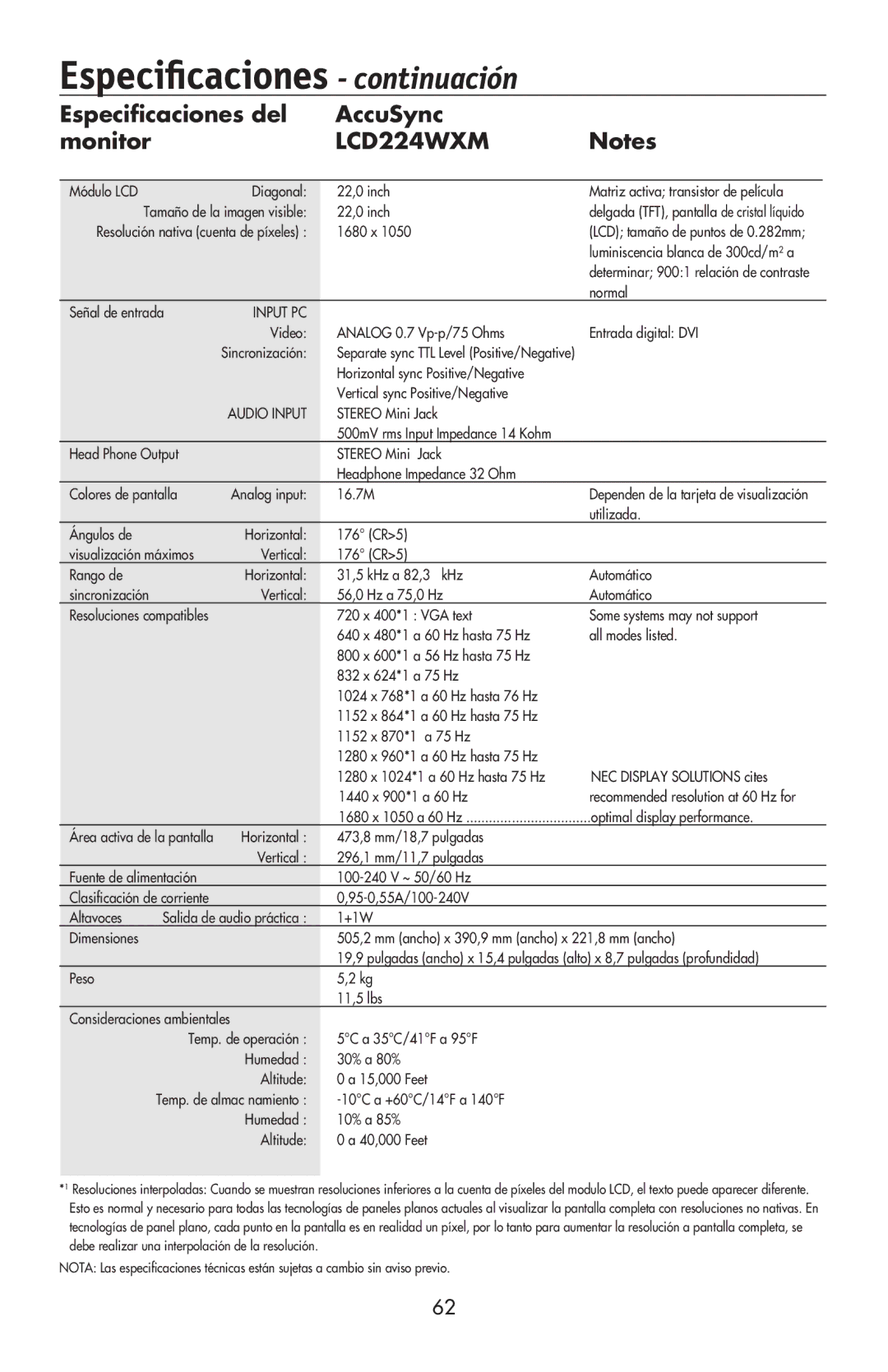 NEC LCD224WXM, LCD174WXM, LCD194WXM user manual Módulo LCD Diagonal 22,0 inch 