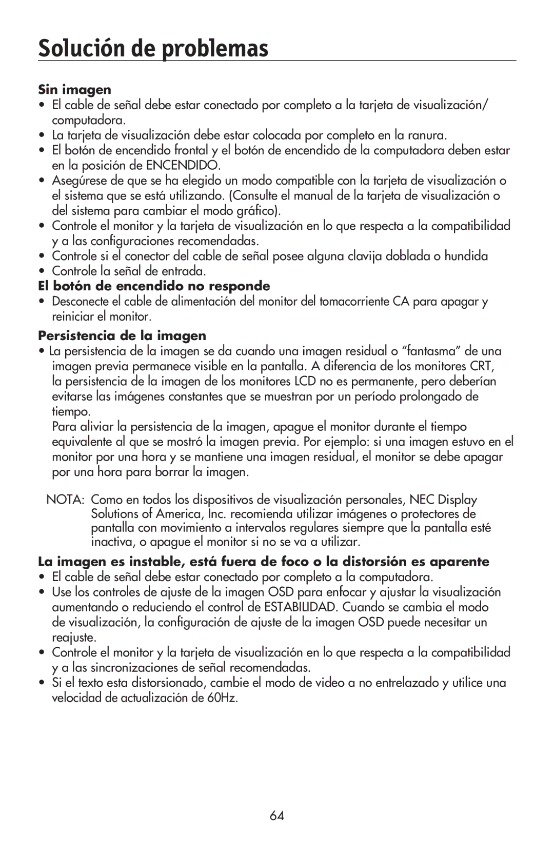 NEC LCD194WXM, LCD224WXM, LCD174WXM user manual Solución de problemas, Sin imagen 