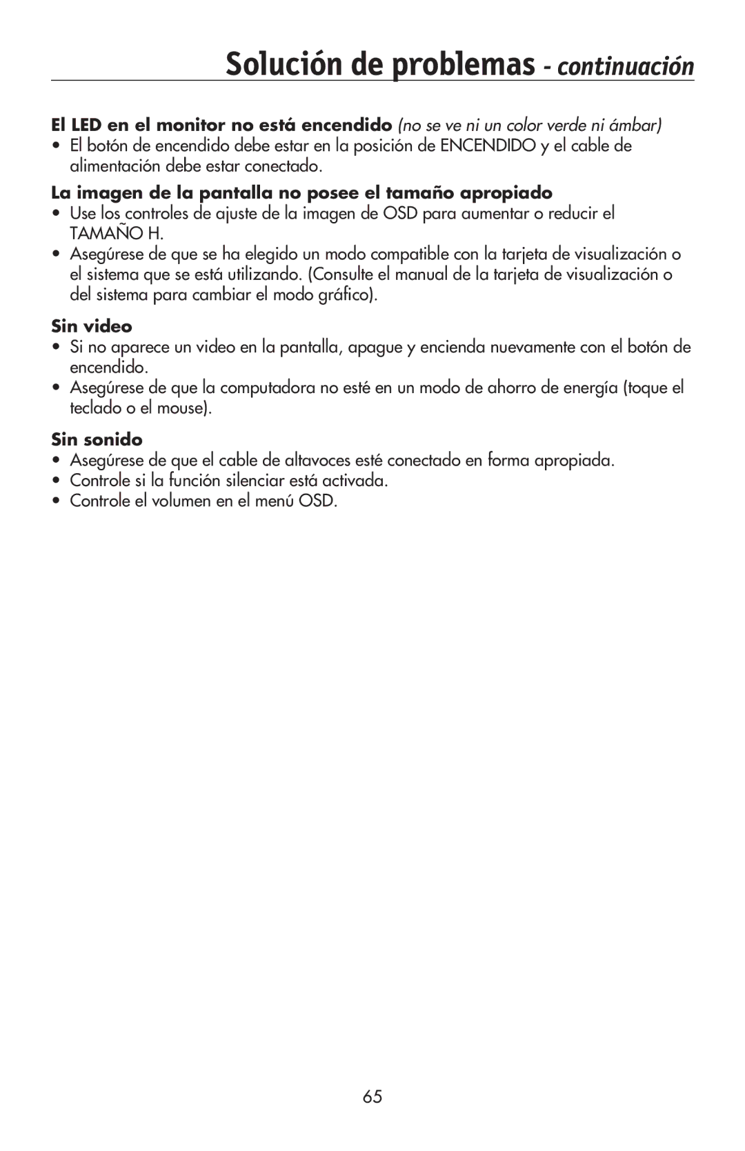 NEC LCD224WXM, LCD174WXM Solución de problemas continuación, La imagen de la pantalla no posee el tamaño apropiado 