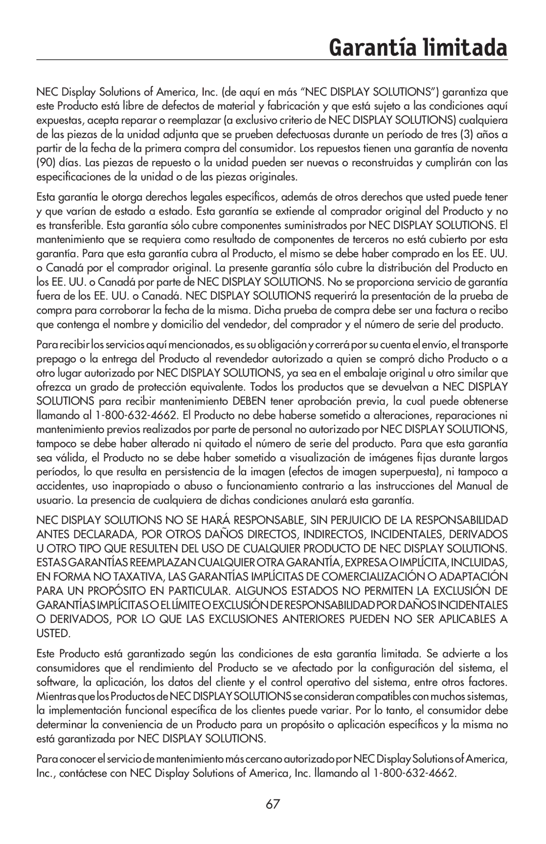 NEC LCD194WXM, LCD224WXM, LCD174WXM user manual Garantía limitada 