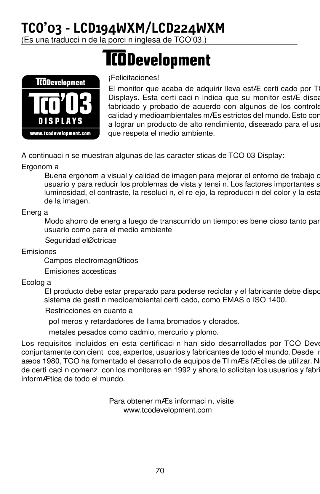 NEC LCD174WXM user manual TCO’03 LCD194WXM/LCD224WXM 