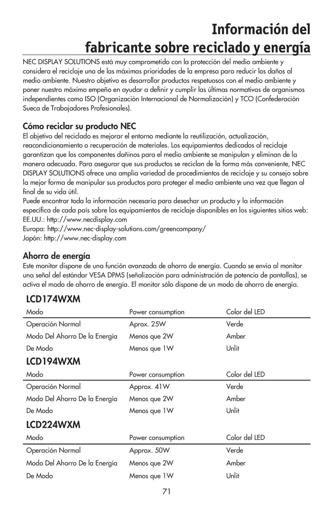 NEC LCD224WXM, LCD174WXM, LCD194WXM user manual Cómo reciclar su producto NEC, Ahorro de energía 