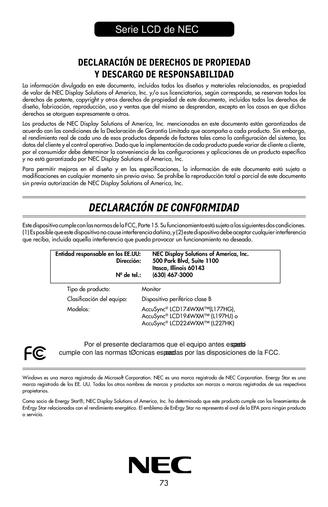 NEC LCD194WXM, LCD224WXM, LCD174WXM user manual Declaración DE Conformidad 