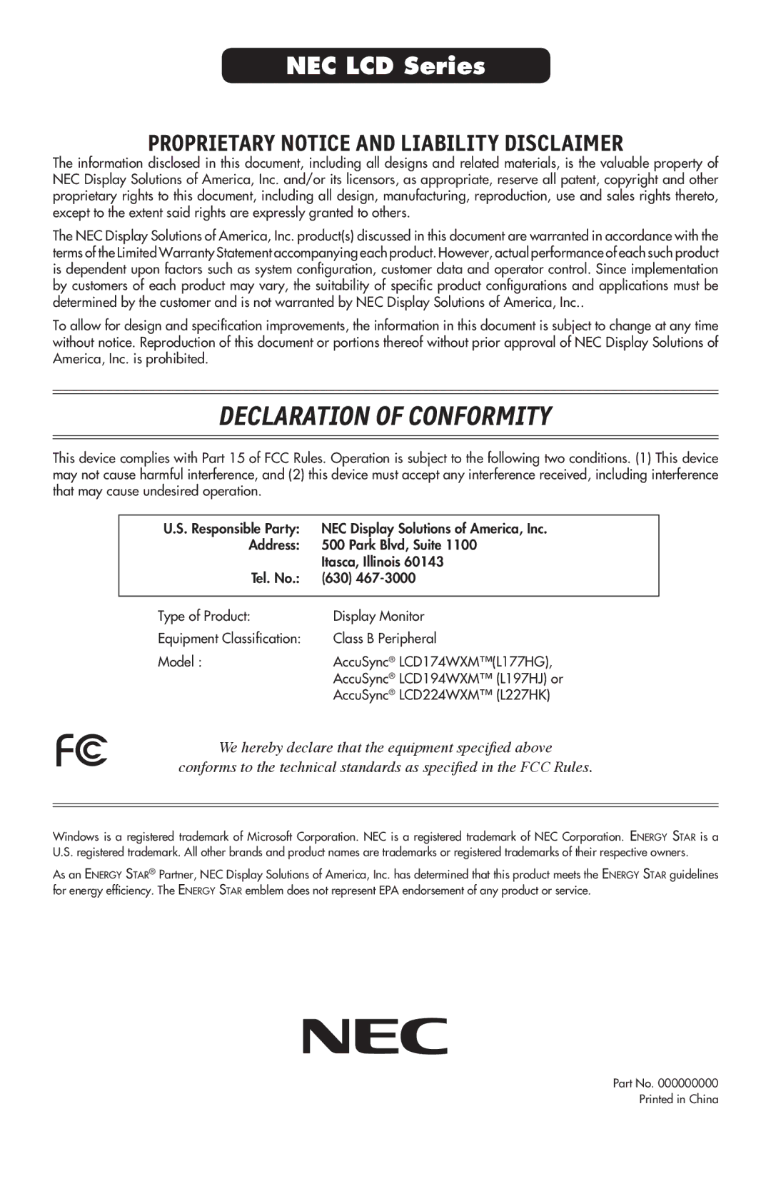 NEC LCD224WXM, LCD174WXM, LCD194WXM user manual Declaration of Conformity 