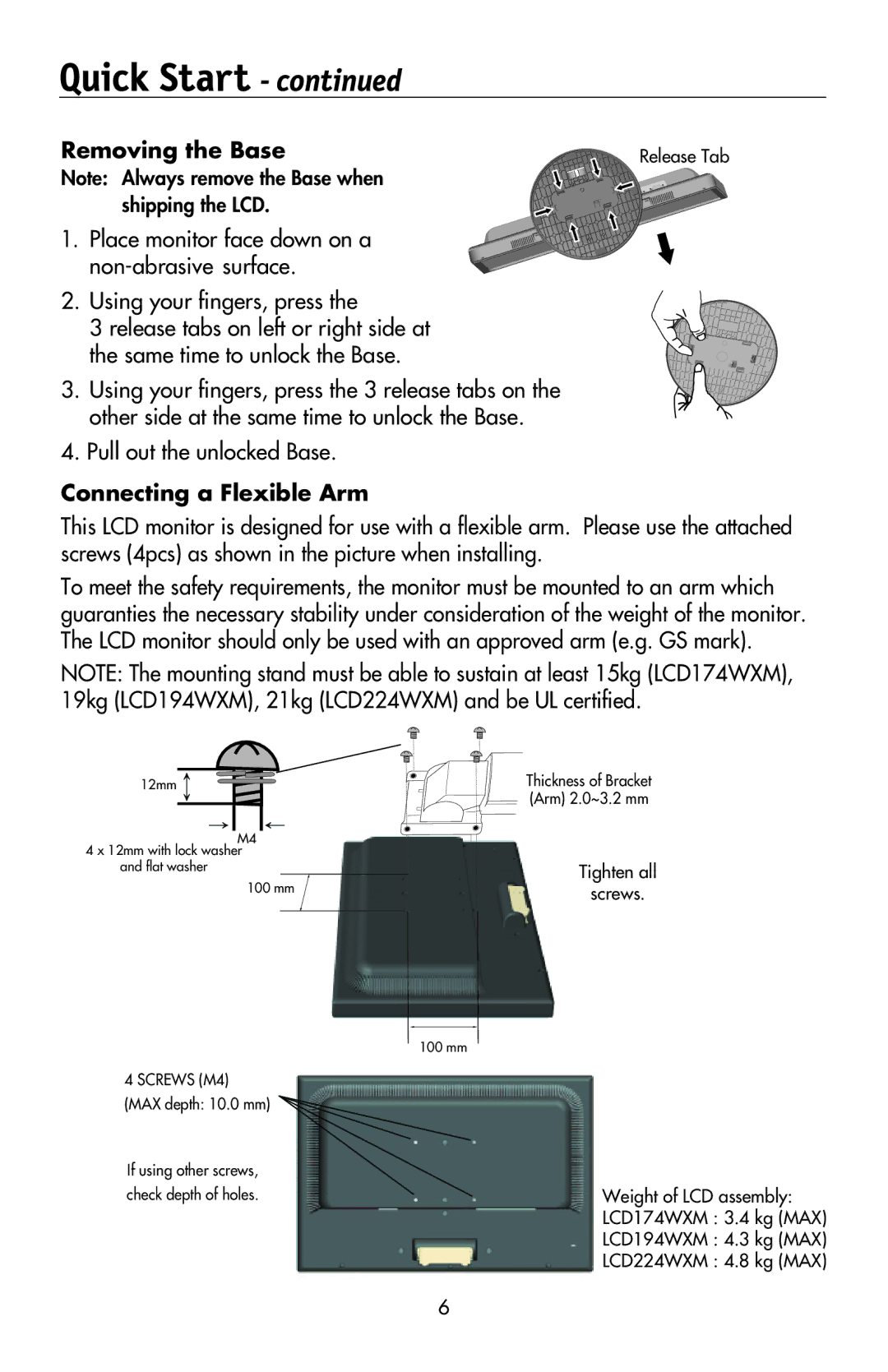 NEC LCD194WXM, LCD224WXM, LCD174WXM user manual Removing the Base, Pull out the unlocked Base, Connecting a Flexible Arm 