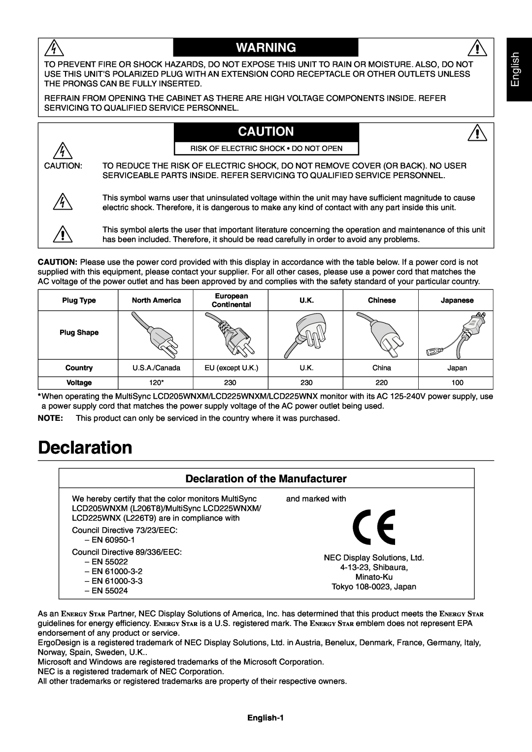 NEC LCD205WNXM, LCD225WNXM user manual English, Declaration of the Manufacturer 