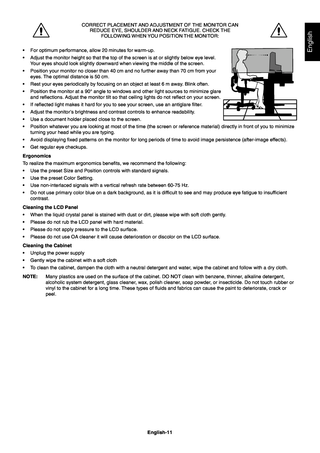 NEC LCD225WNXM, LCD205WNXM user manual Ergonomics, Cleaning the LCD Panel, Cleaning the Cabinet, English-11 