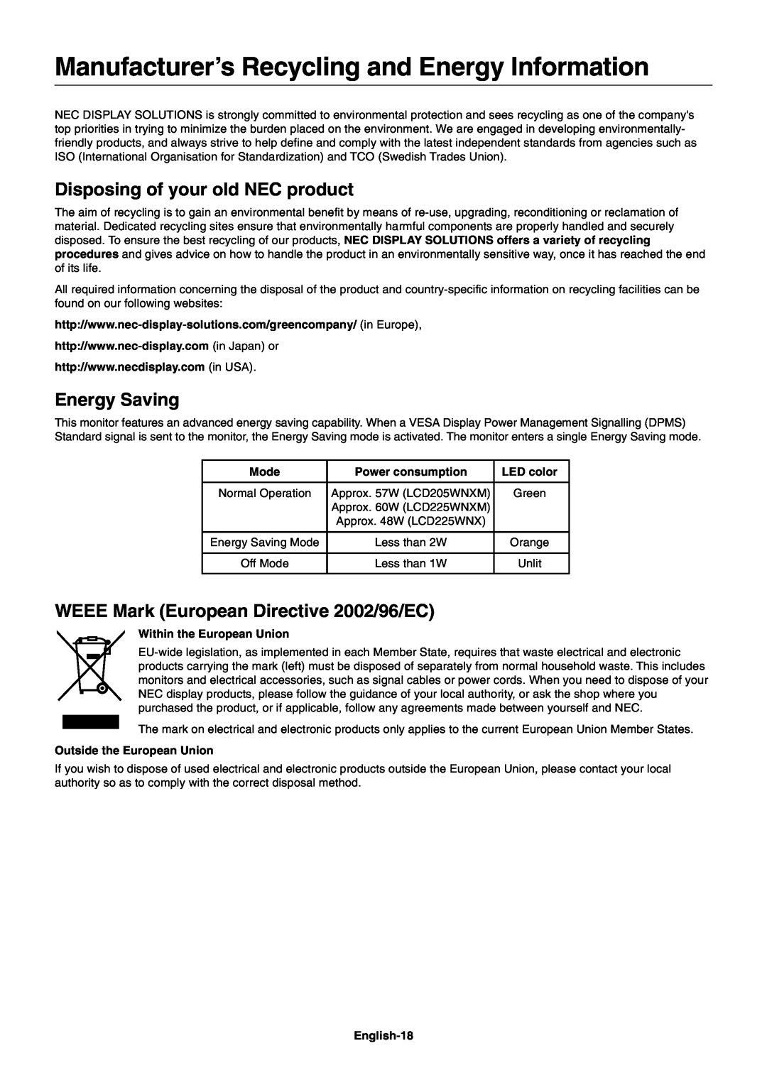 NEC LCD225WNX user manual ManufacturerÕs Recycling and Energy Information, Disposing of your old NEC product, Energy Saving 