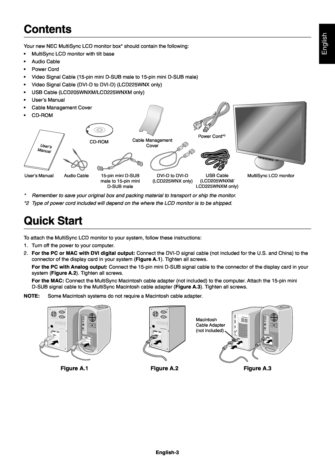 NEC LCD225WNXM, LCD205WNXM user manual Contents, Quick Start, English, Figure A.1, Figure A.2, Figure A.3 