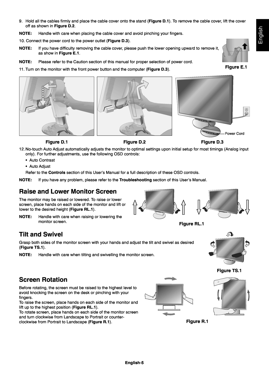 NEC LCD225WNXM Raise and Lower Monitor Screen, Tilt and Swivel, Screen Rotation, English, Figure E.1, Figure D.1 